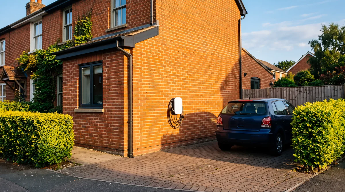 Wall-mounted electric vehicle charging point on the side wall of a British red brick house beside a driveway