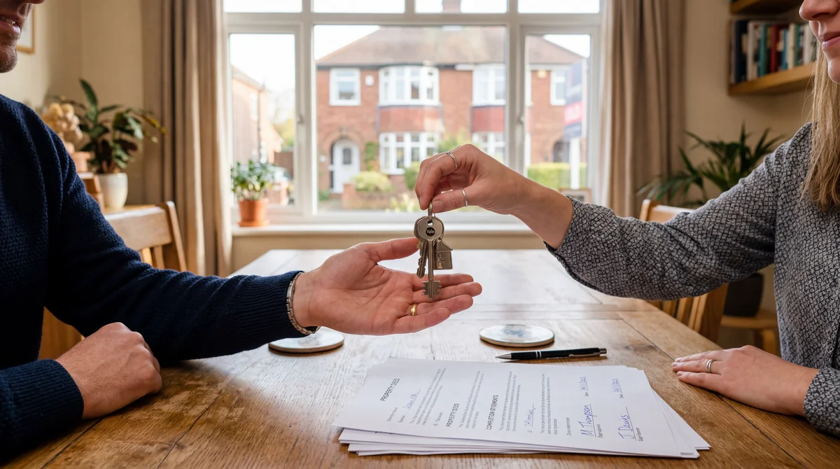 House keys being handed over across a table with signed documents