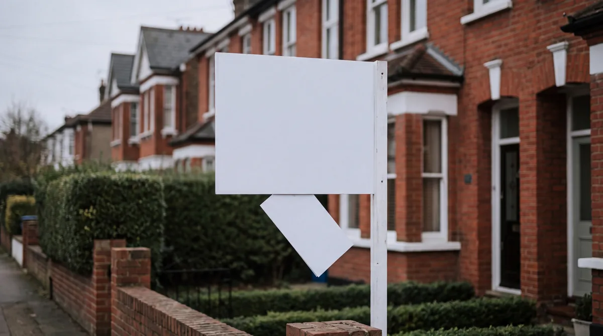 Estate agent's For Sale board outside a British terraced house with a sold slip partly detached