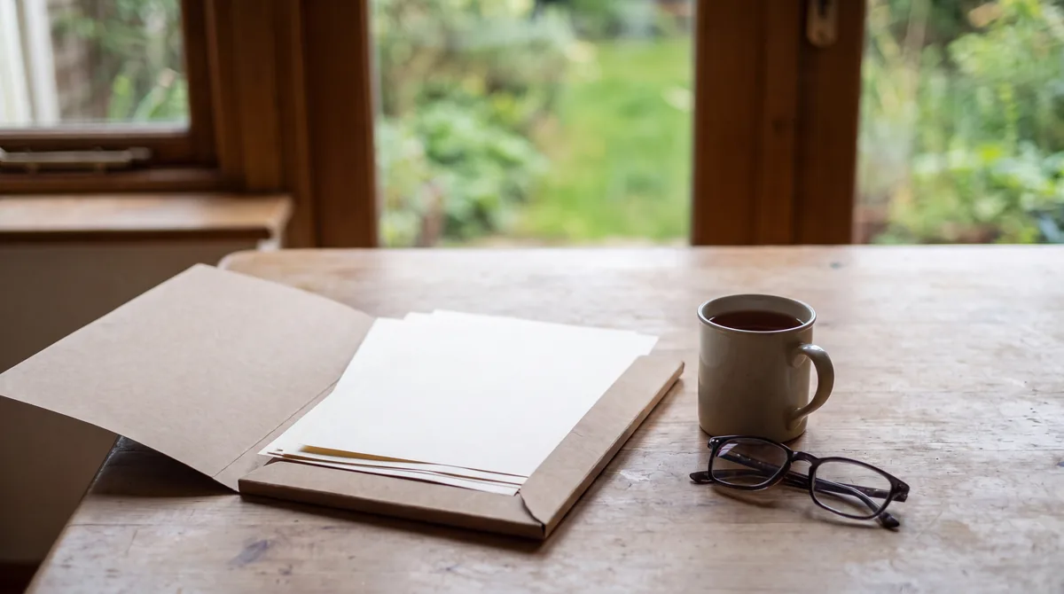 Folder of property documents and certificates open on a kitchen table beside a mug of tea