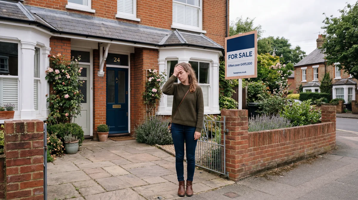 Woman with hand on her head looking stressed in front of a house