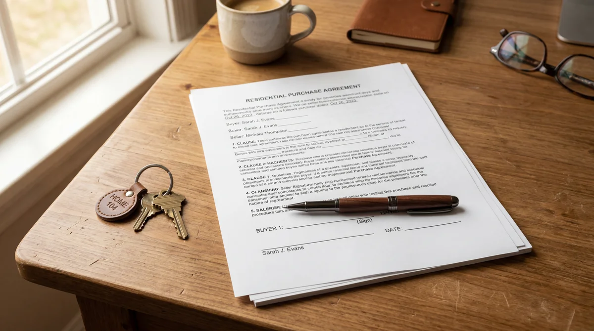 Desk with legal documents, house keys and a pen ready to sign