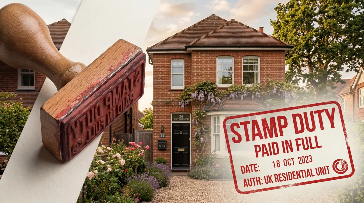 UK house with a stamp and imprint overlay representing stamp duty