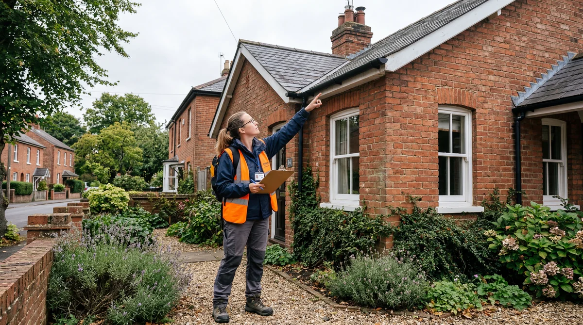 Surveyor inspecting the exterior of a UK house with a clipboard