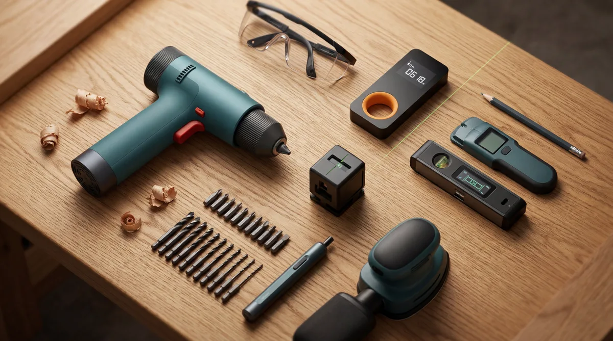 Collection of useful home tools laid out on a wooden surface including drill, laser measurer and spirit level