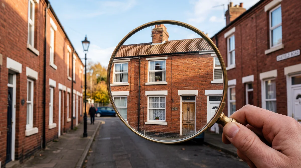 Magnifying glass over a property highlighting details to look for on a viewing