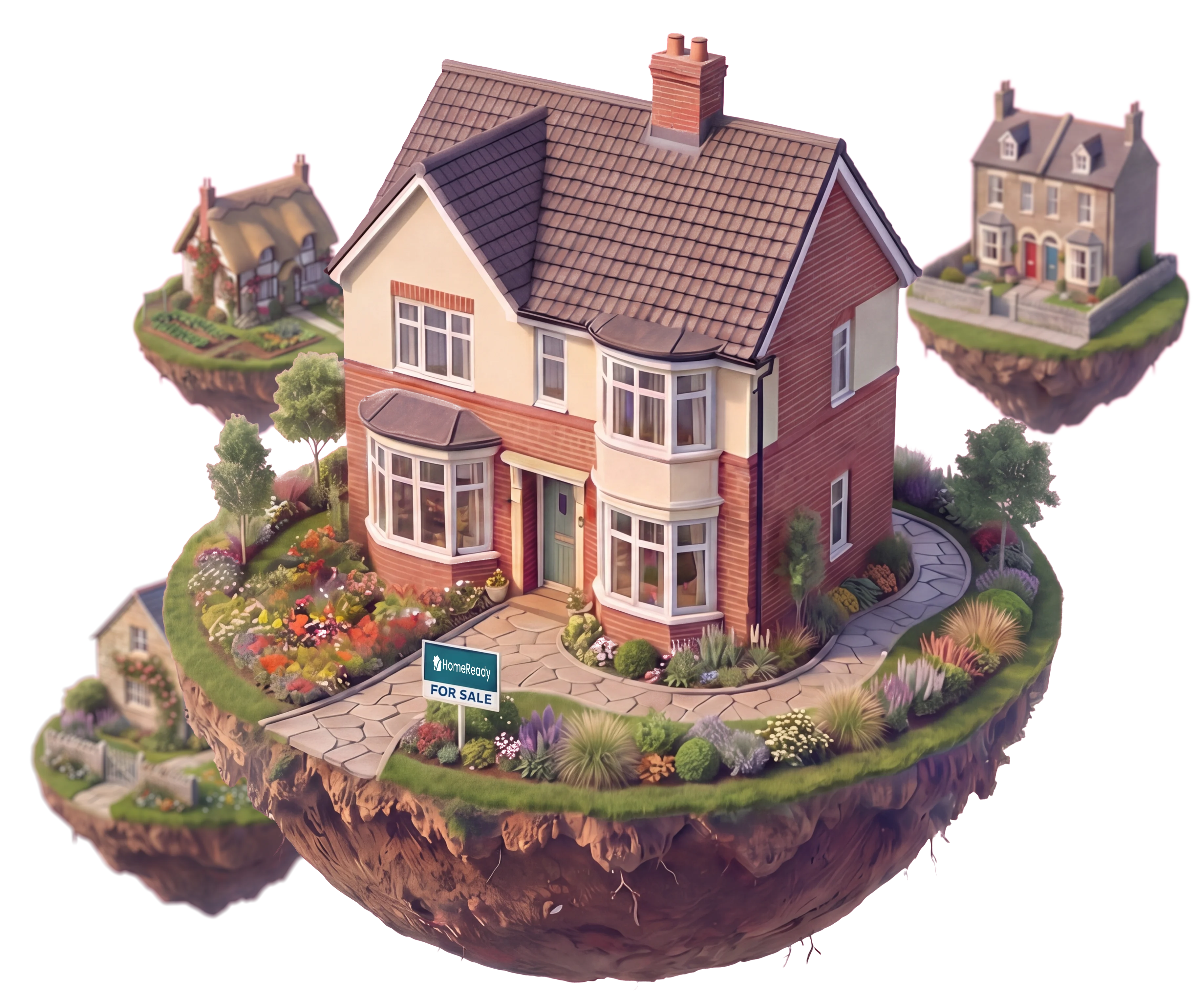 British home with a Home Ready sold sign - floating island illustration